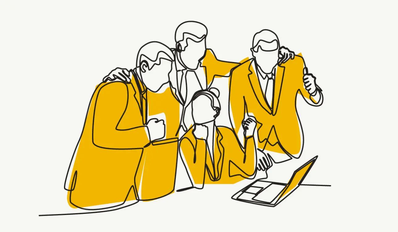 肩を組んで話し合いをしているビジネスパーソンのイラスト